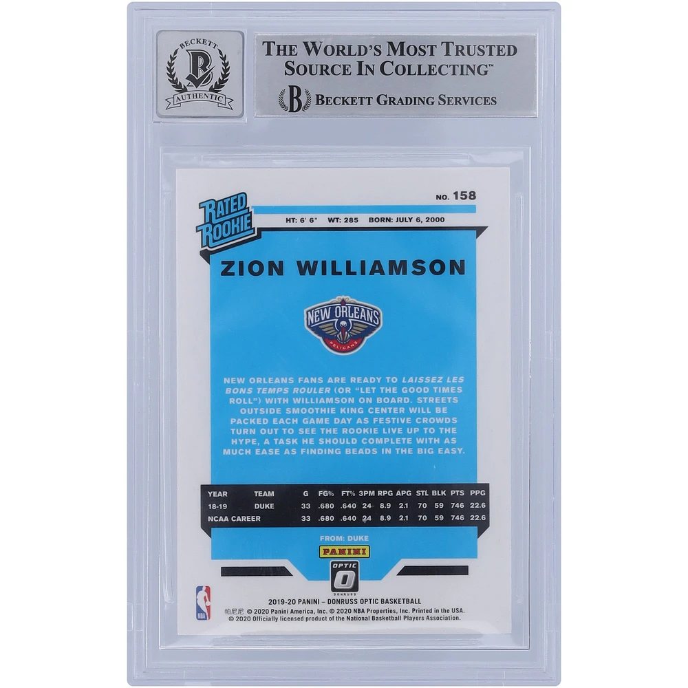 Zion Williamson New Orleans Pelicans Autographed 2019-20 Panini Donruss Optic Rated Rookie #158 Beckett Fanatics Witnessed Authenticated 10 Rookie Card