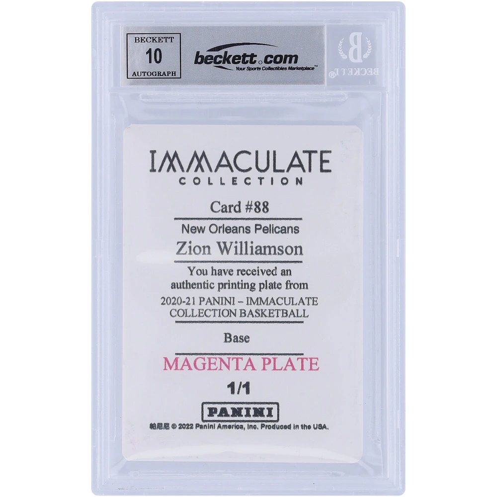 Zion Williamson New Orleans Pelicans Autographed 2020-21 Panini Immaculate Collection Magenta Printing Plate #88 #1/1 Beckett Fanatics Witnessed Authenticated 10 Card 