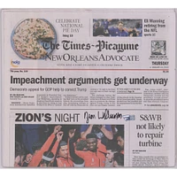 Zion Williamson New Orleans Pelicans Autographed The Times-Picayune Newspaper From Day After Debut 1/23/20