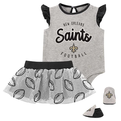 Girls Infant Heather Gray/Black New Orleans Saints All Dolled Up Three-Piece Bodysuit, Skirt & Booties Set