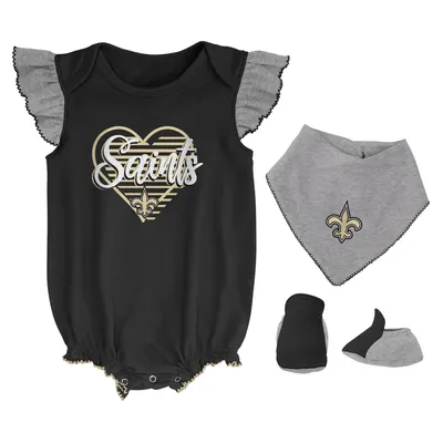 New Orleans Saints Girls Newborn & Infant All The Love Bodysuit, Bib Booties Set - Black/Heathered Gray