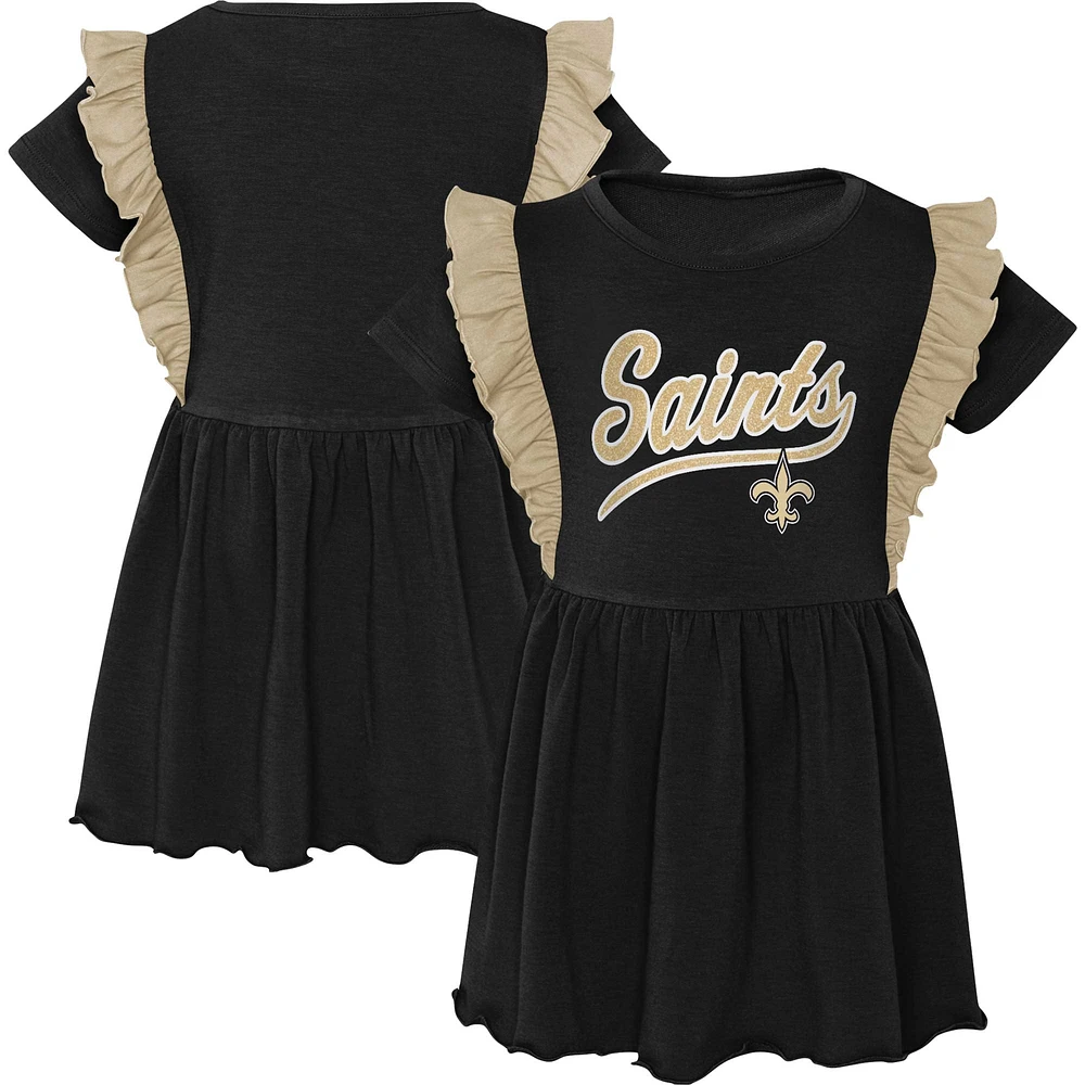 Robe tri-mélange trop mignonne noire Saints de la Nouvelle-Orléans pour fille d'âge préscolaire