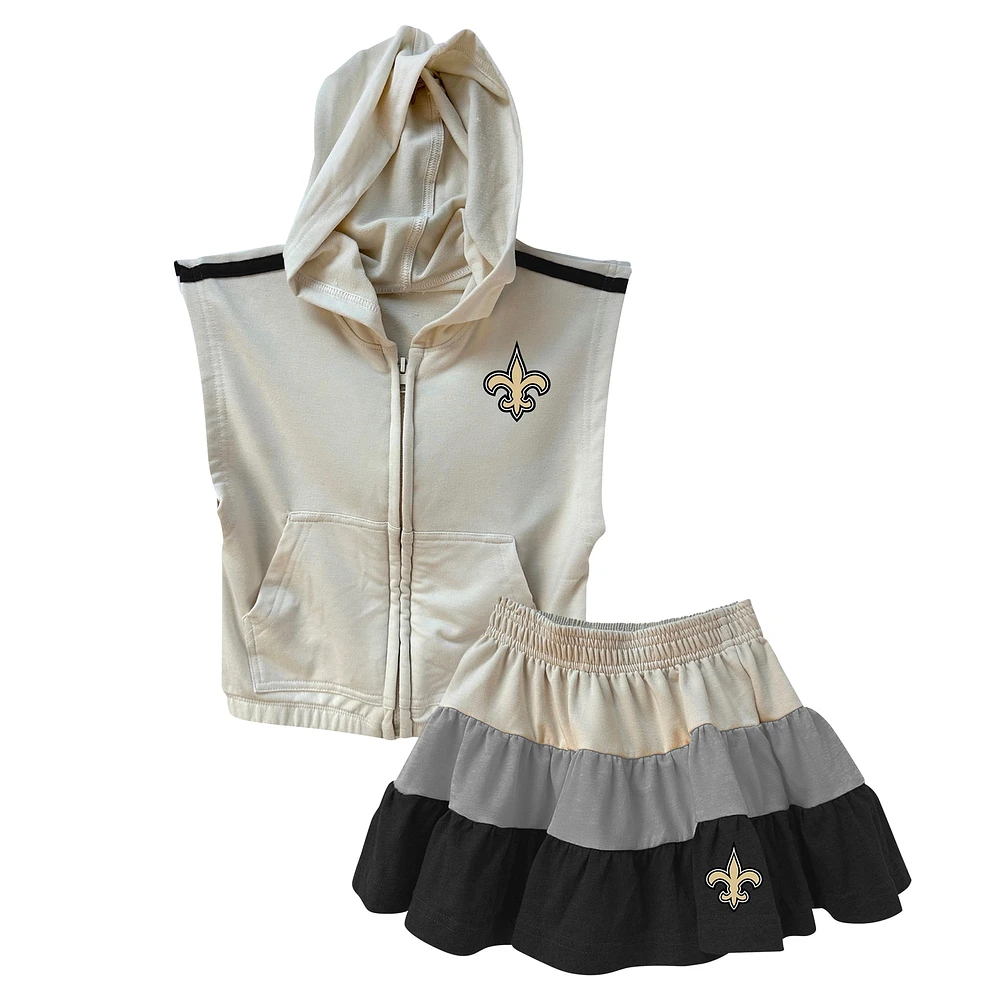 Ensemble sweat à capuche zippé sans manches et jupe trois niveaux pour filles Wes & Willy, gris/noir, New Orleans Saints