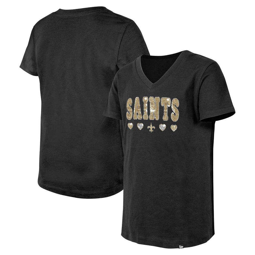 T-shirt col en V à sequins New Era noir pour jeunes filles Orleans Saints