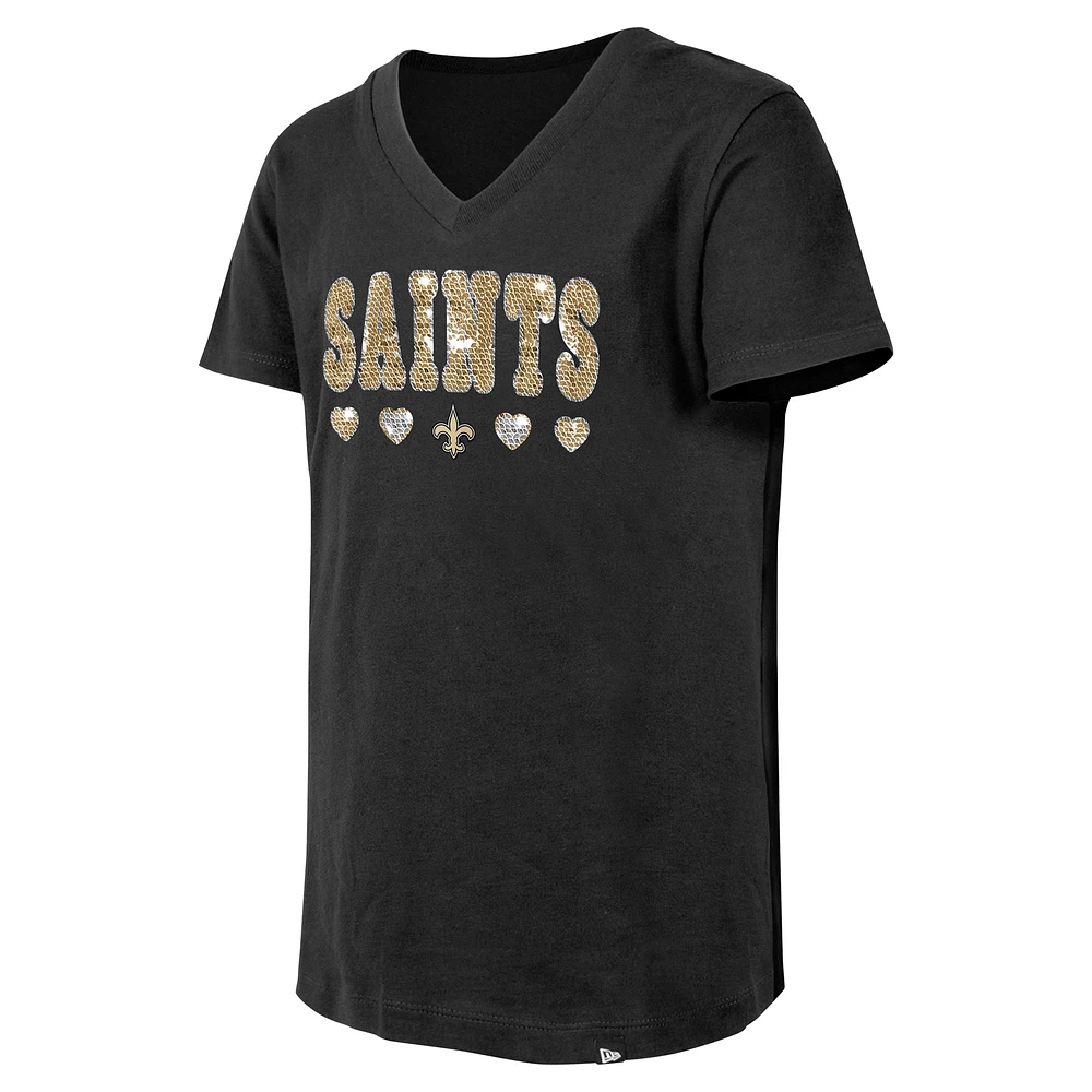 T-shirt col en V à sequins New Era noir pour jeunes filles Orleans Saints