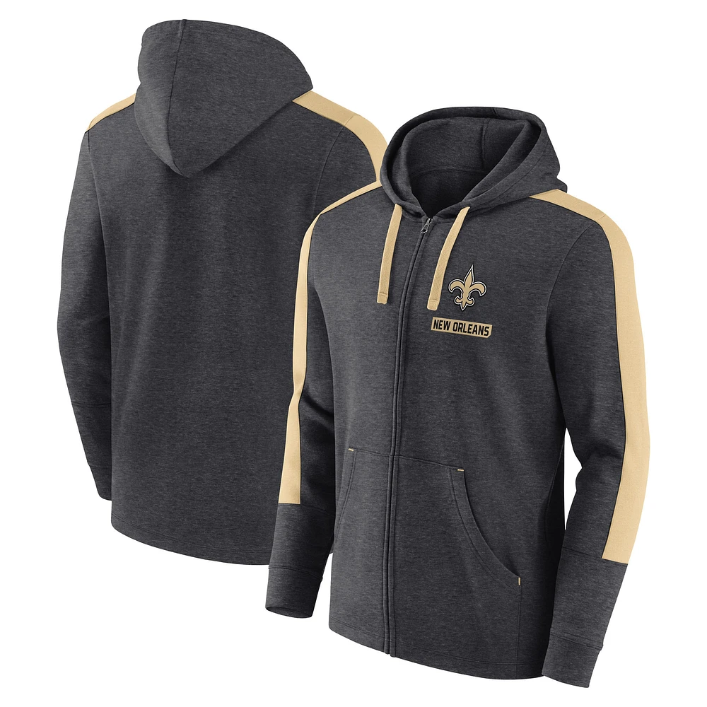 Sweat à capuche entièrement zippé New Orleans Saints Fanatics Heather Charcoal pour homme