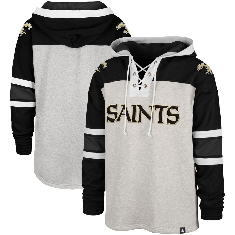 Men's '47 Heathered Gray/Black New Orleans Saints Gridiron Lace-Up - Pullover Hoodie