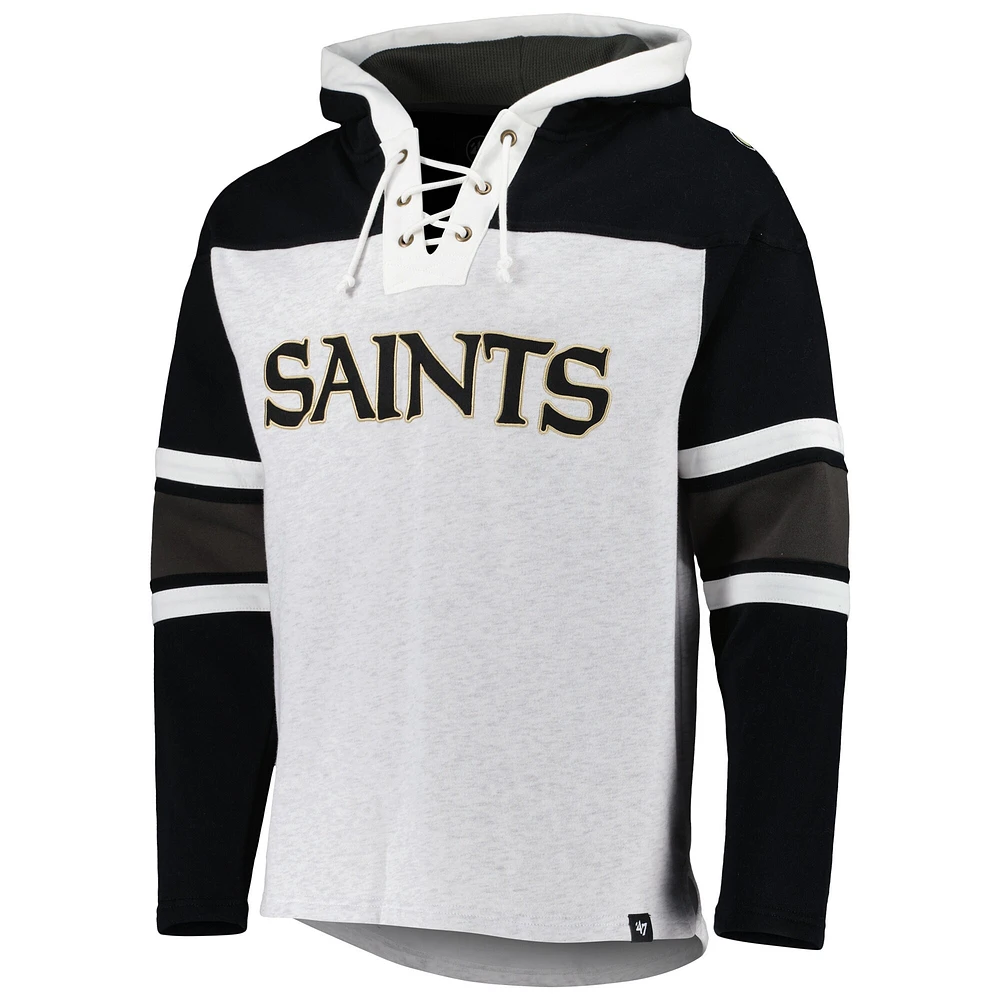 Men's '47 New Orleans Saints Heather Gray Gridiron Lace-Up Pullover Hoodie