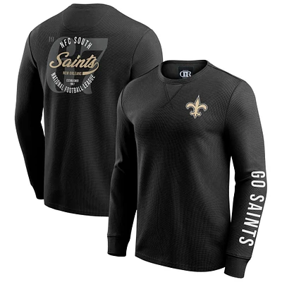 T-shirt à manches longues en tricot gaufré délavé Darius Rucker Collection by Fanatics pour homme, noir, New Orleans Saints