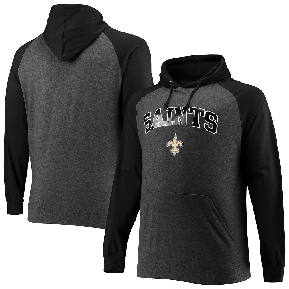 Sweat à capuche léger raglan Fanatics pour hommes noir/anthracite chiné New Orleans Saints Big & Tall