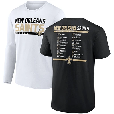 Ensemble combiné de deux t-shirts du calendrier 2023 Fanatics pour hommes, noir/blanc, New Orleans Saints