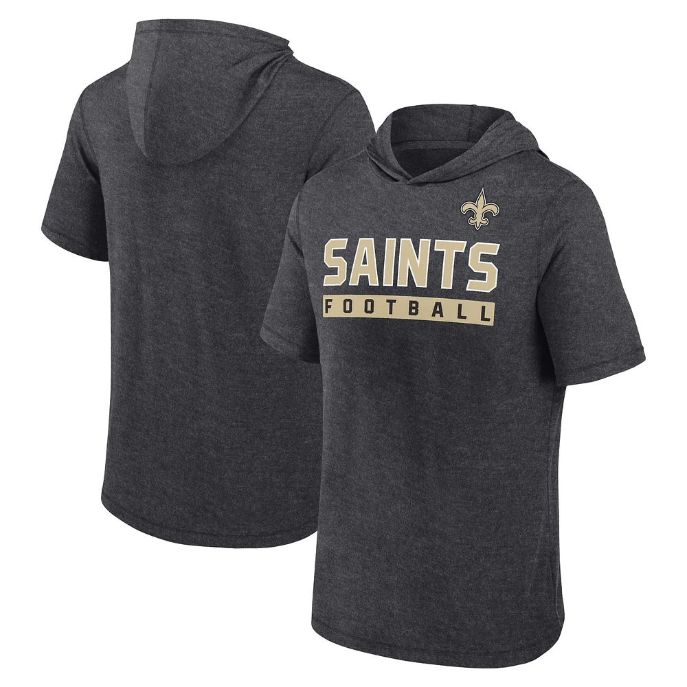 Men's Fanatics Heather Charcoal New Orleans Saints Push Short Sleeve Pullover Hoodie