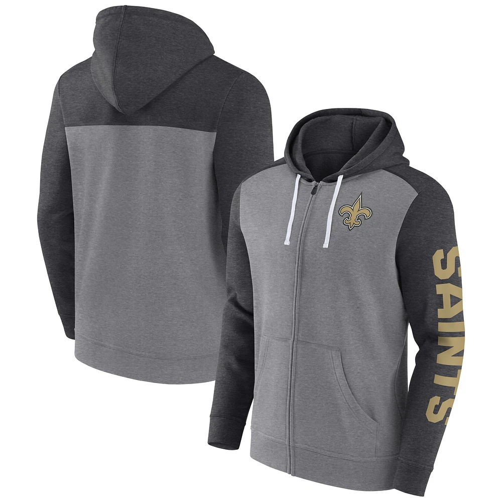 Sweat à capuche entièrement zippé New Orleans Saints Down and Distance Fanatics gris chiné pour hommes