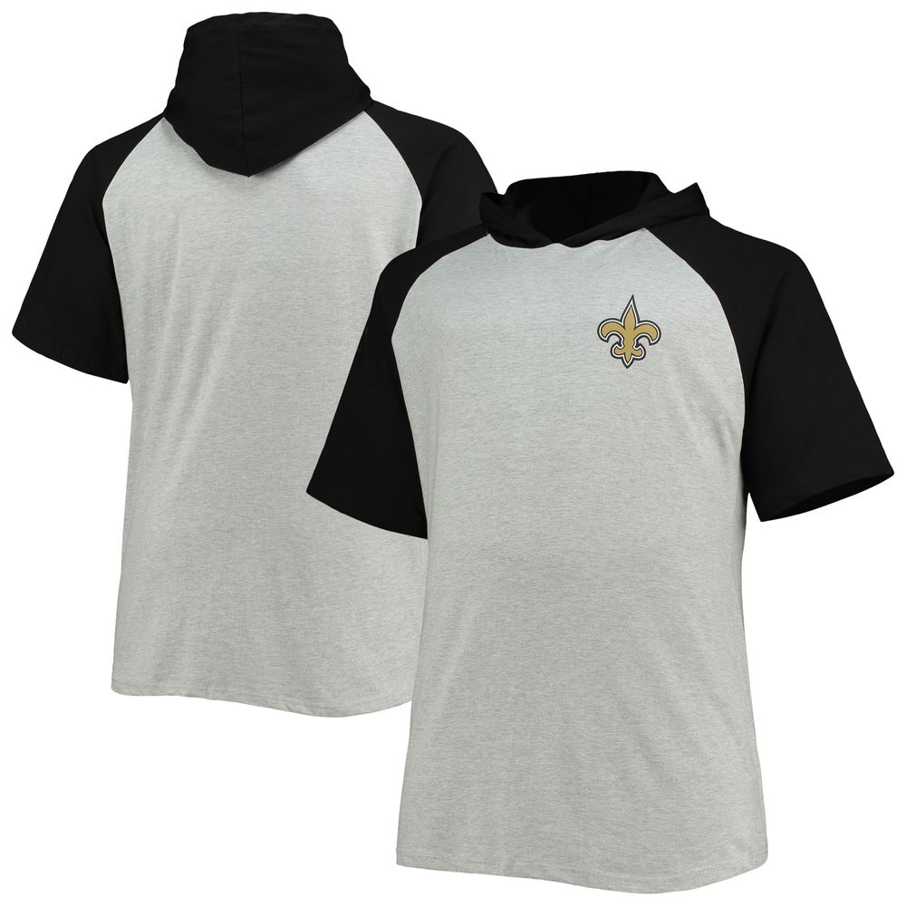 Men's Heathered Gray/Black New Orleans Saints Big & Tall Raglan Short Sleeve Pullover Hoodie