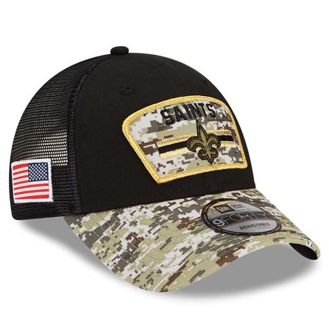 New Era New Orleans Saints 2021 Salute To Service pour homme - Noir/camouflage - Casquette réglable Snapback Trucker 9FORTY