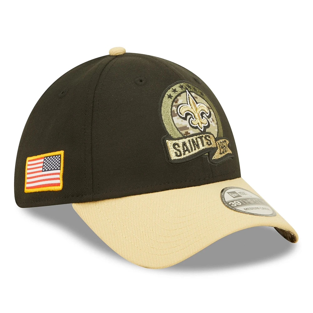 Men's New Era Black/Vegas Gold Orleans Saints 2022 Salute To Service 39THIRTY Flex Hat