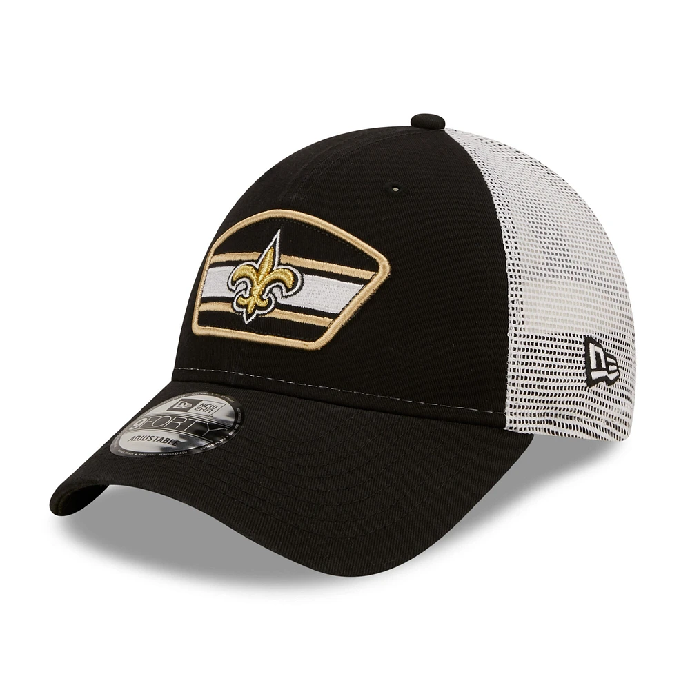 NWE SAINT BLACK WHIT NFL LOGO PATCH TRUCKER 9FORTY HATMENSTR