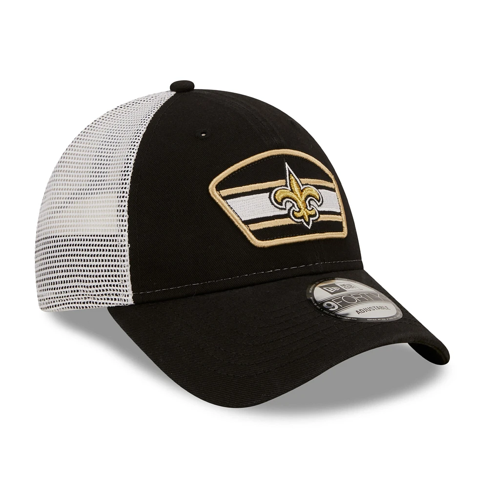 Men's New Era Black/White New Orleans Saints Logo Patch Trucker 9FORTY Snapback Hat