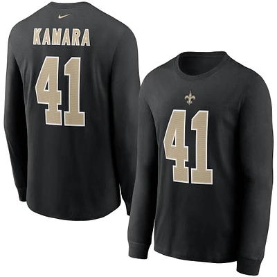 T-shirt à manches longues Nike Alvin Kamara pour hommes, noir, nom et numéro du joueur des Saints de la Nouvelle-Orléans