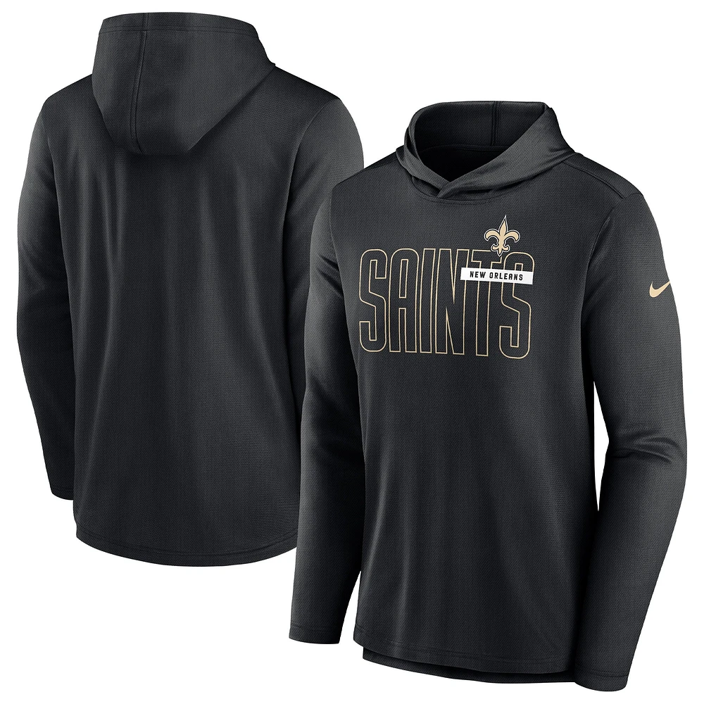 T-shirt à capuche et manches longues Nike New Orleans Saints Performance léger pour homme - Noir