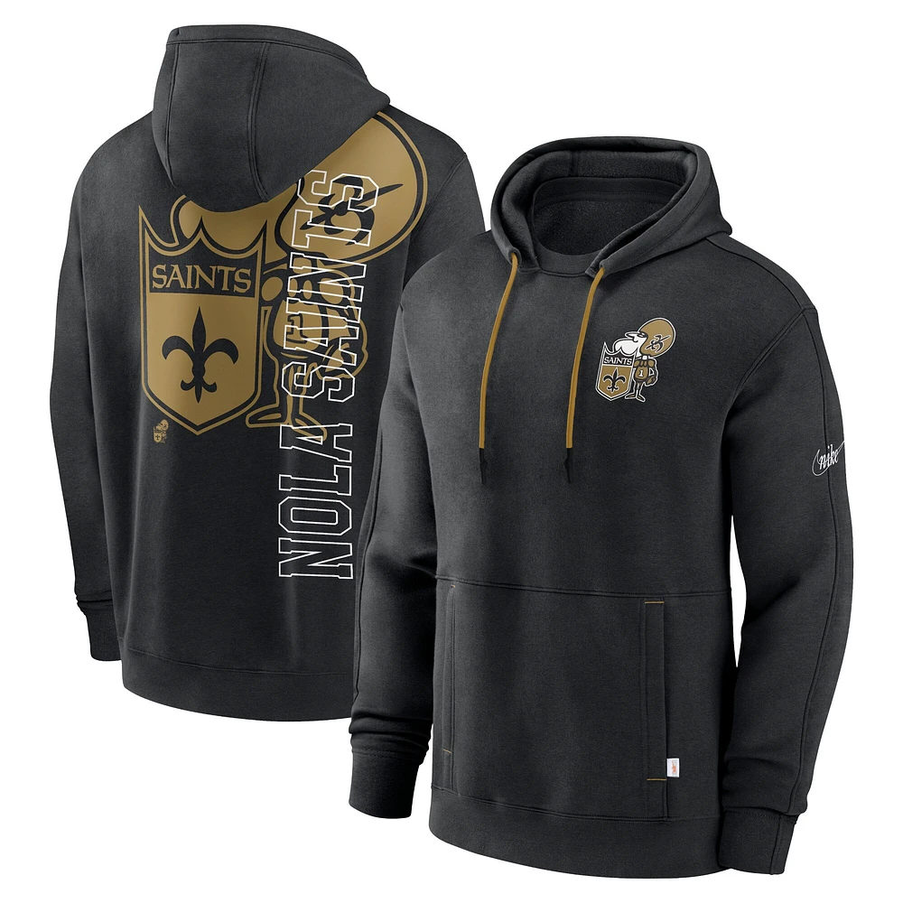 Men's Nike  Black New Orleans Saints Throwback Layered Logo Statement Pullover Hoodie