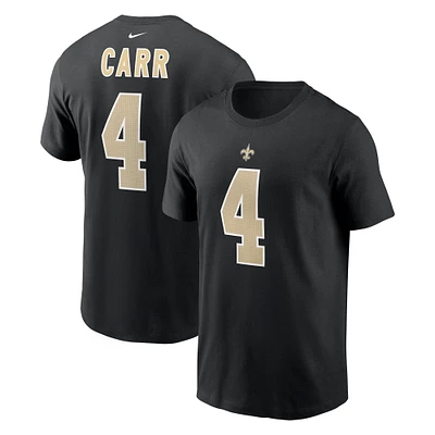 T-shirt avec nom et numéro de joueur Nike Derek Carr pour hommes, noir, New Orleans Saints