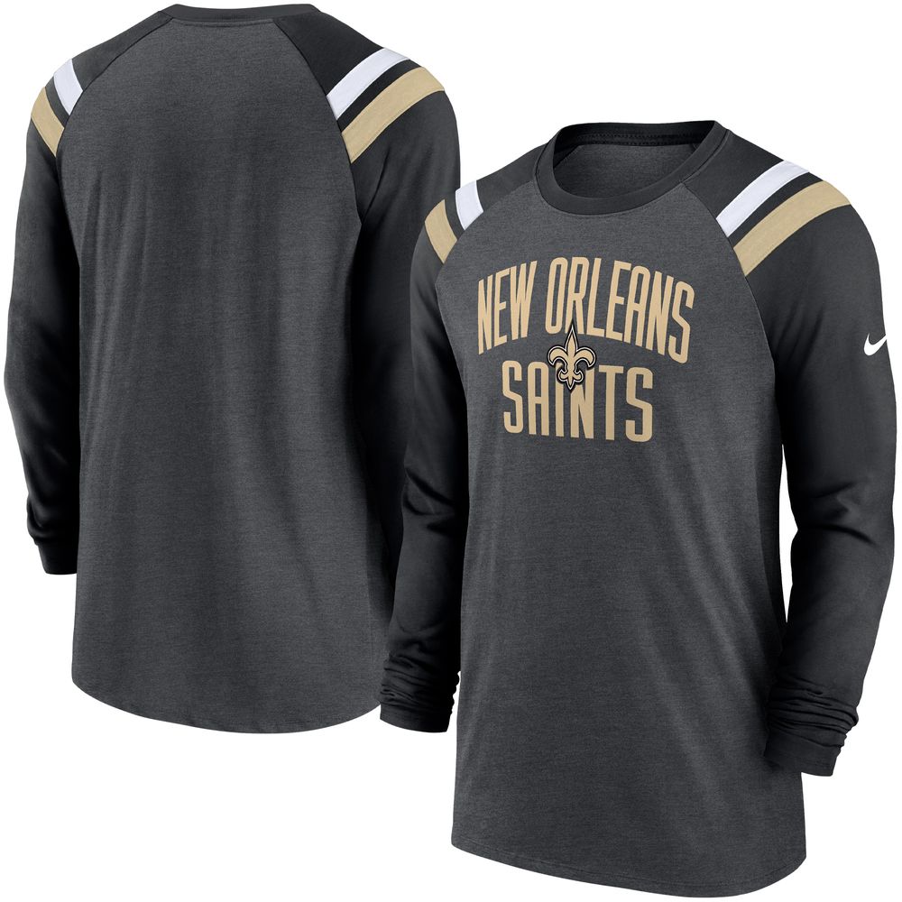 Men's Nike Heathered Charcoal/Black New Orleans Saints Tri-Blend Raglan Athletic Long Sleeve Fashion T-Shirt