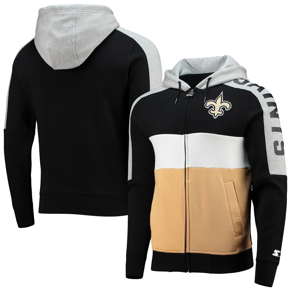 Sweat à capuche zippé intégral Starter noir/doré New Orleans Saints Playoffs pour homme