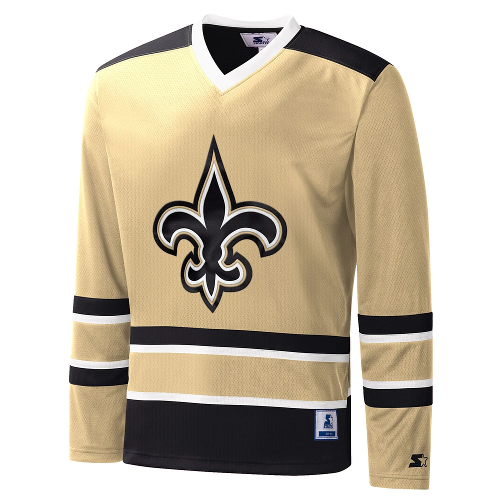 T-shirt à manches longues et col en V carreaux New Orleans Saints Starter Gold pour homme