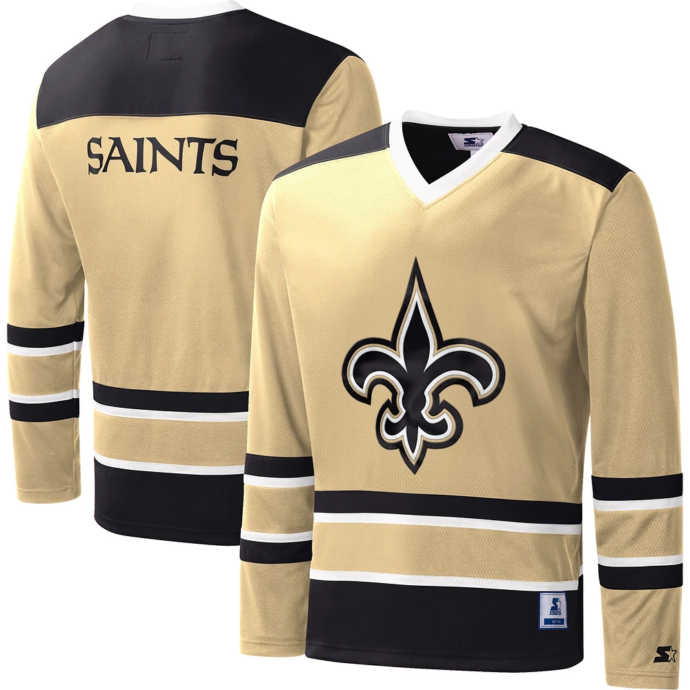 Men's Starter Gold New Orleans Saints Cross-Check V-Neck Long Sleeve T-Shirt