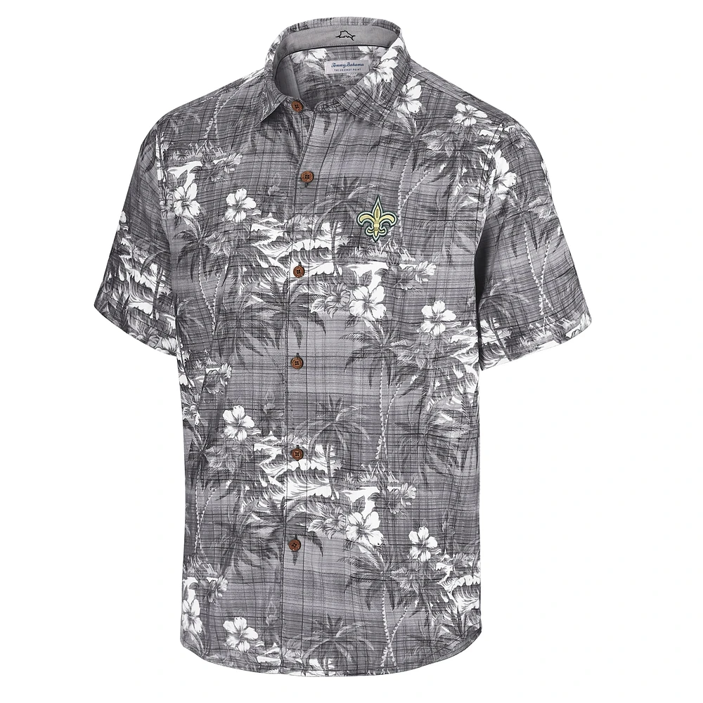 Men's Tommy Bahama Black New Orleans Saints Coconut Point Isla Palmetta Camp Button-Up Shirt