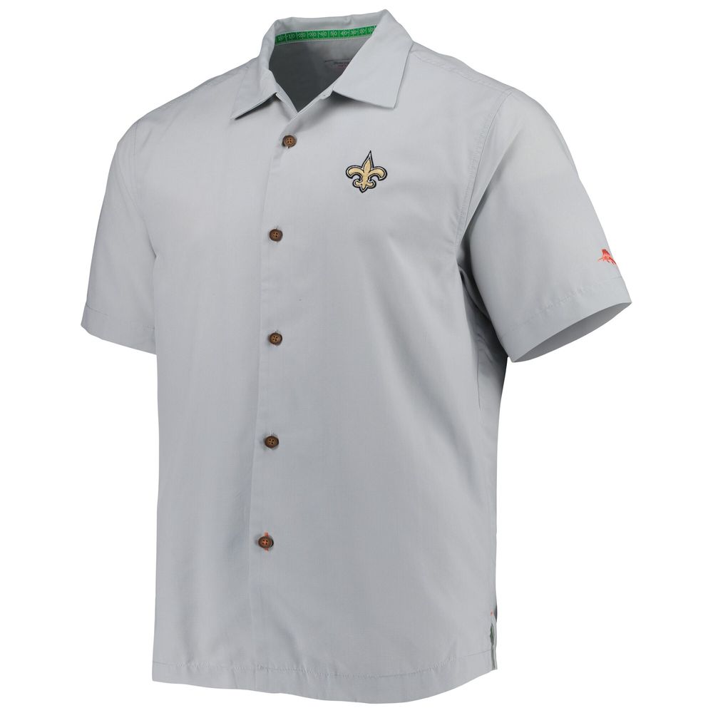 Men's Tommy Bahama Gray New Orleans Saints Coconut Point Frondly Fan Camp IslandZone Button-Up Shirt