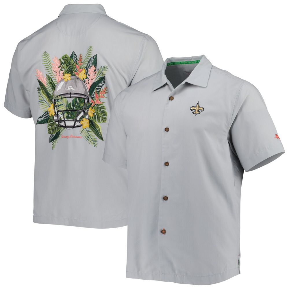 Men's Tommy Bahama Gray New Orleans Saints Coconut Point Frondly Fan Camp IslandZone Button-Up Shirt