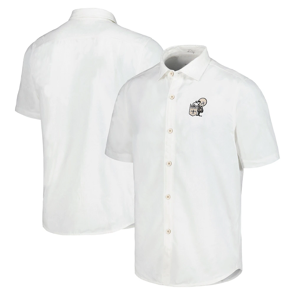 Chemise de camp boutonnée Tommy Bahama blanche New Orleans Saints Sport Coconut Point Palm Vista IslandZone pour hommes