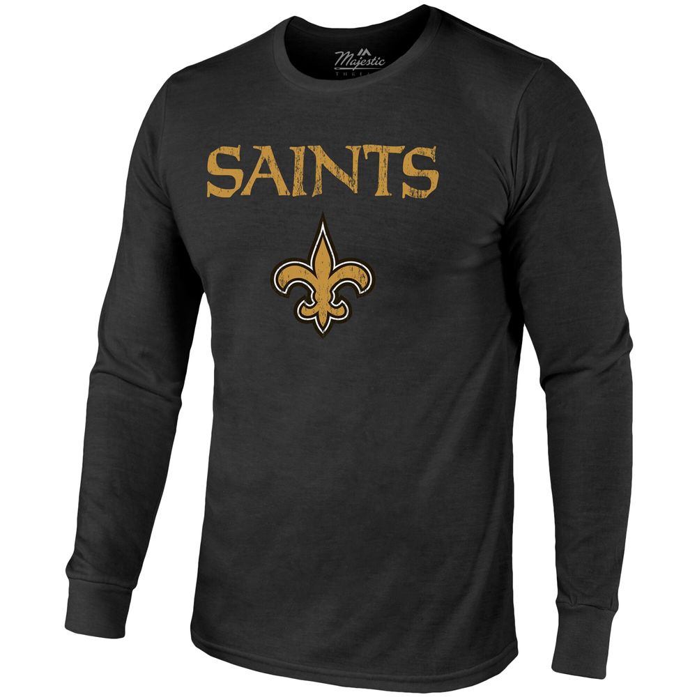 New Orleans Saints Majestic Threads Lockup Tri-Blend Long Sleeve T-Shirt - Black