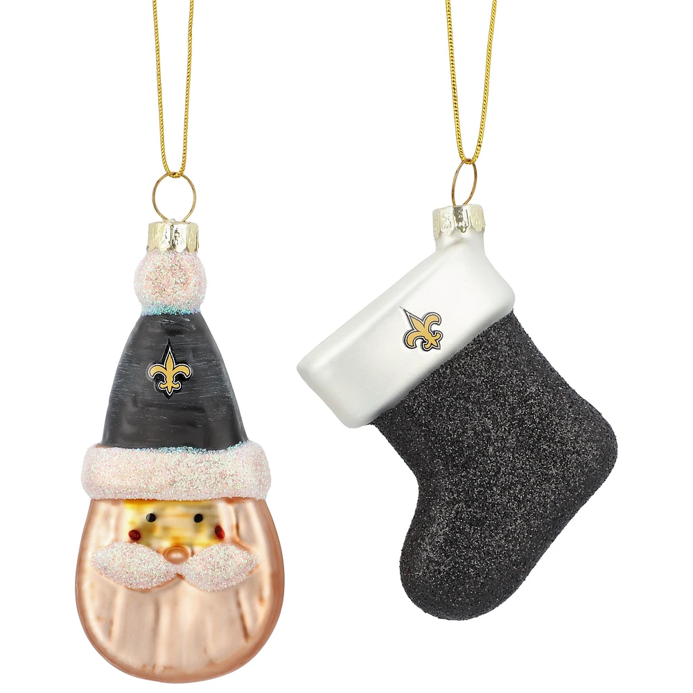 New Orleans Saints Two-Pack Santa & Stocking Blown Glass Ornament Set