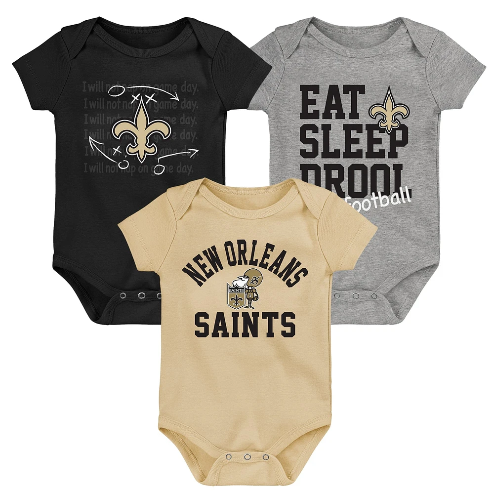 Newborn & Infant Black/Gold/Heather Gray New Orleans Saints Three-Pack Eat, Sleep Drool Retro Bodysuit Set