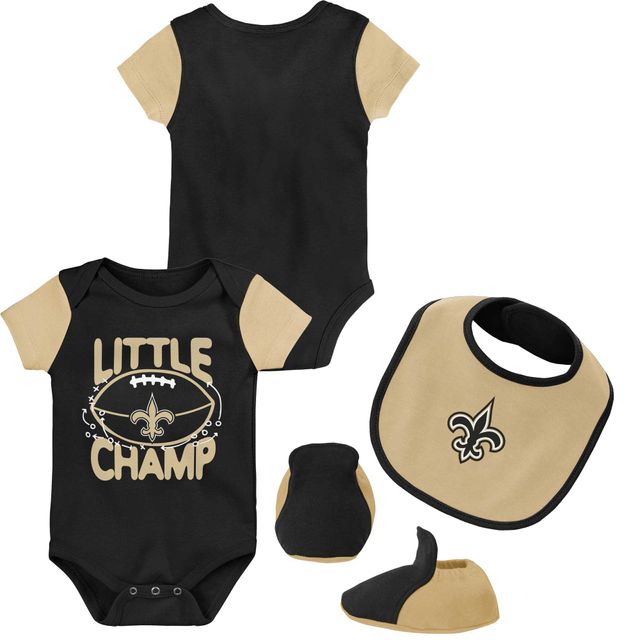 Ensemble bavoir et chaussons trois pièces noir/doré New Orleans Saints Little Champ pour nouveau-né bébé