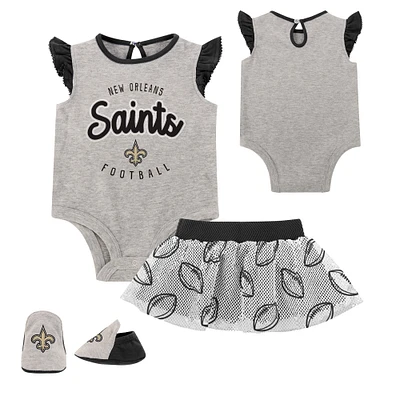 Nouveau-né Heather Grey/Black New Orleans Saints All Dolled Up Ensemble trois pièces body, jupe et chaussons