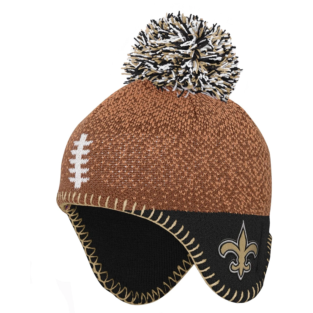 Bonnet tricoté à tête de football des Saints de la Nouvelle-Orléans marron pour enfants d'âge préscolaire avec pompon