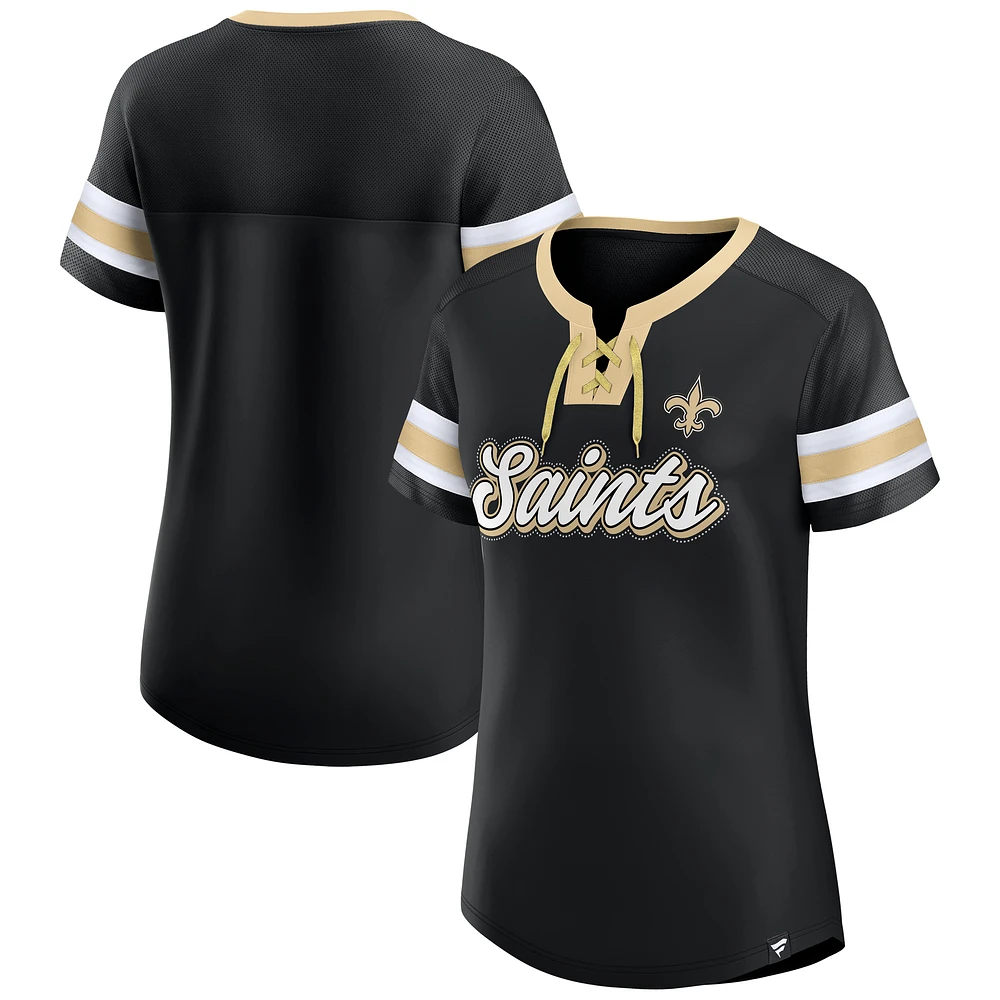 Women's Fanatics  Black New Orleans Saints True Catch Iconic Rhinestone Bling Athena Lace-Up T-Shirt