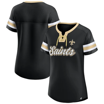 Women's Fanatics  Black New Orleans Saints True Catch Iconic Rhinestone Bling Athena Lace-Up T-Shirt