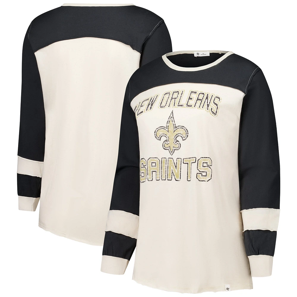 T-shirt à manches longues Double Header Curve Toni pour femme, couleur crème/noir, grande taille, New Orleans Saints