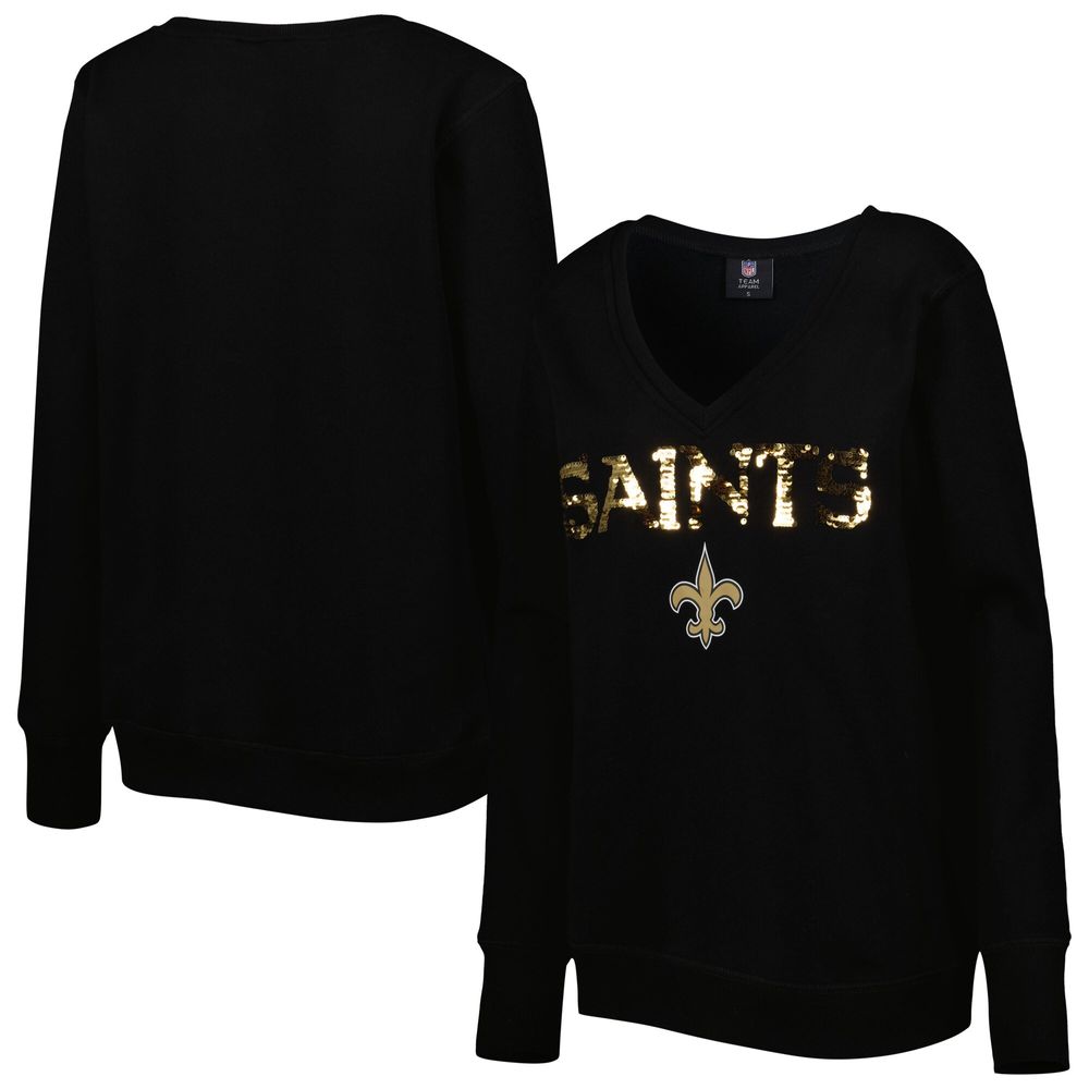 Cuce Women's Cuce Black New Orleans Saints Sequin Logo V-Neck Pullover  Sweatshirt