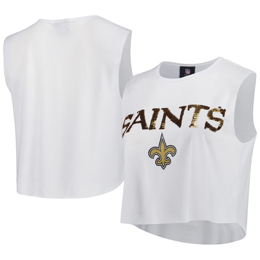 Cuce Women's Cuce White New Orleans Saints Sequin Tri-Blend Cropped Tank  Top