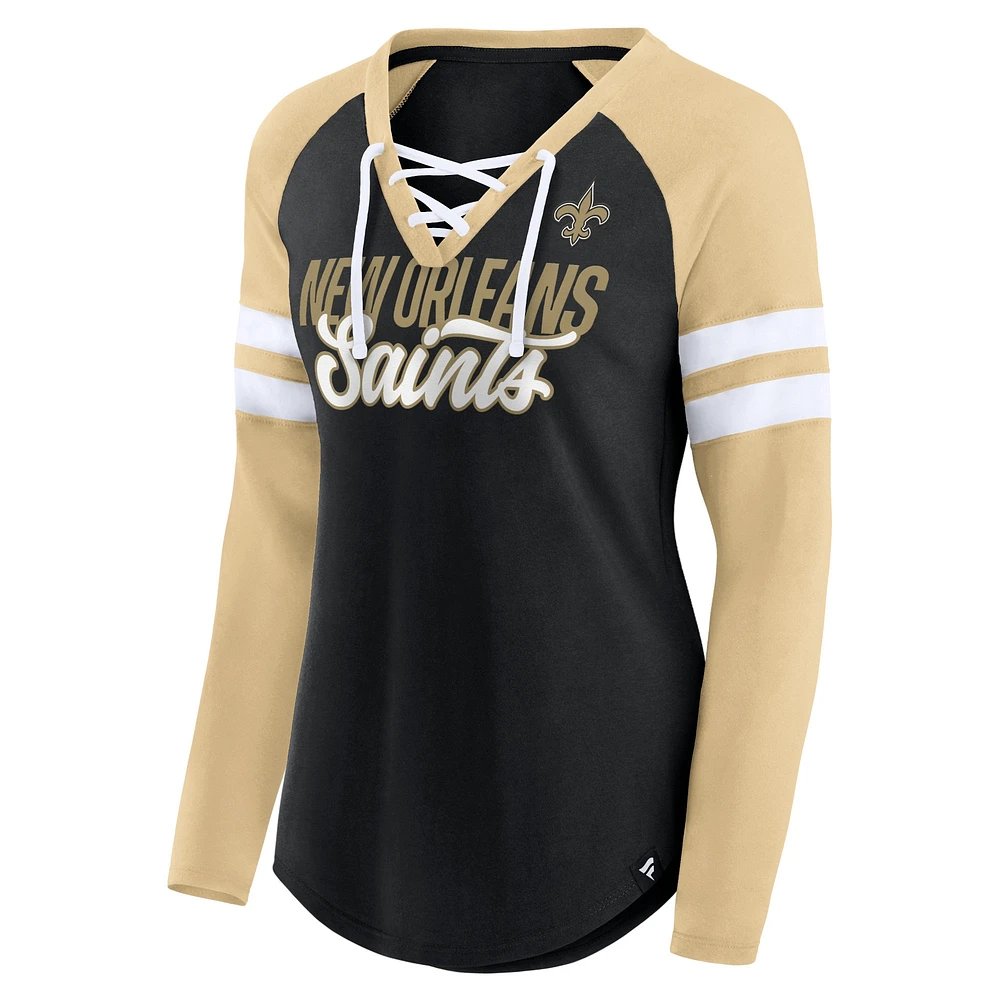 T-shirt à manches longues et col en V lacets Fanatics pour femmes, noir/or, True to Form, New Orleans Saints