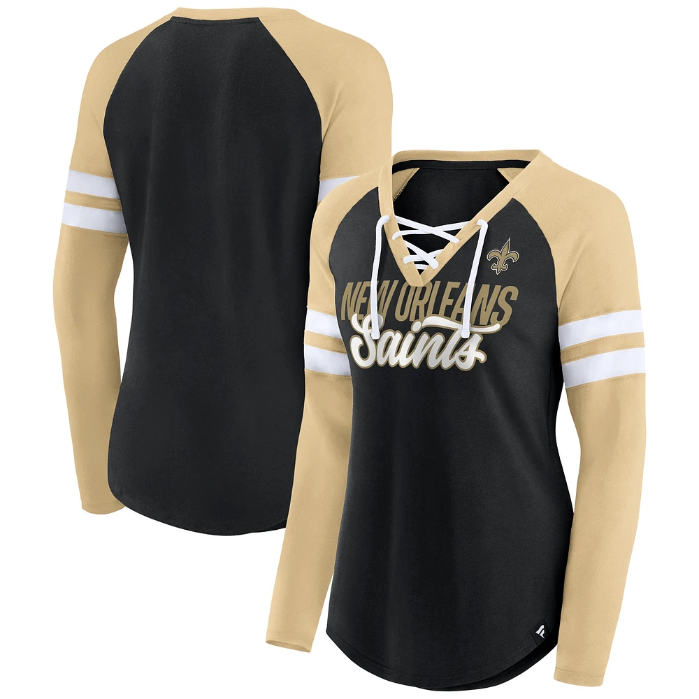 T-shirt à manches longues et col en V lacets Fanatics pour femmes, noir/or, True to Form, New Orleans Saints