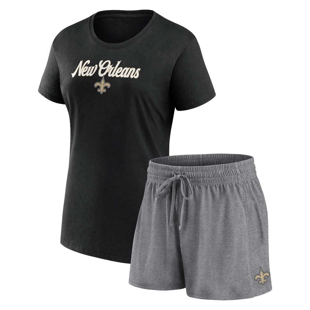 Women's Fanatics  Black/Heather Charcoal New Orleans Saints Script T-Shirt & Shorts Lounge Set