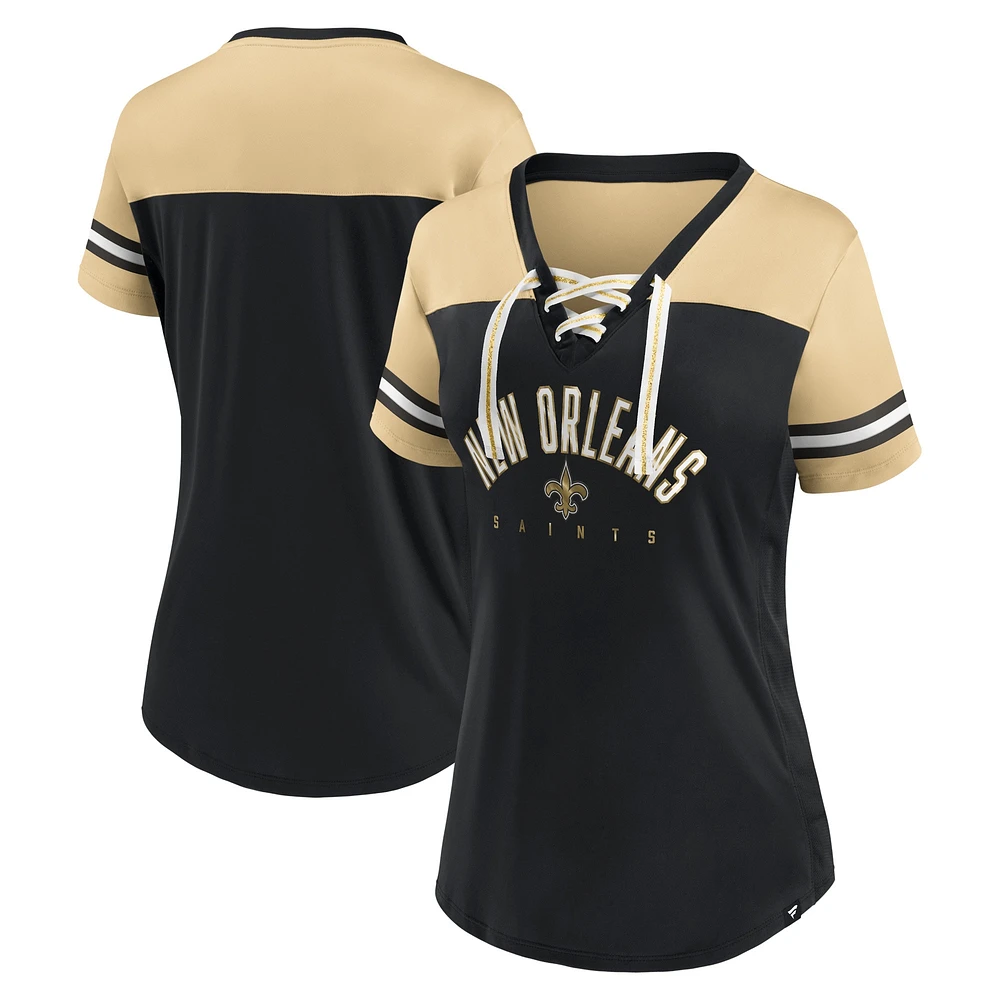 T-shirt en jersey à lacets et col V Fanatics pour femmes, noir/Vegas Gold, New Orleans Saints Blitz & Glam