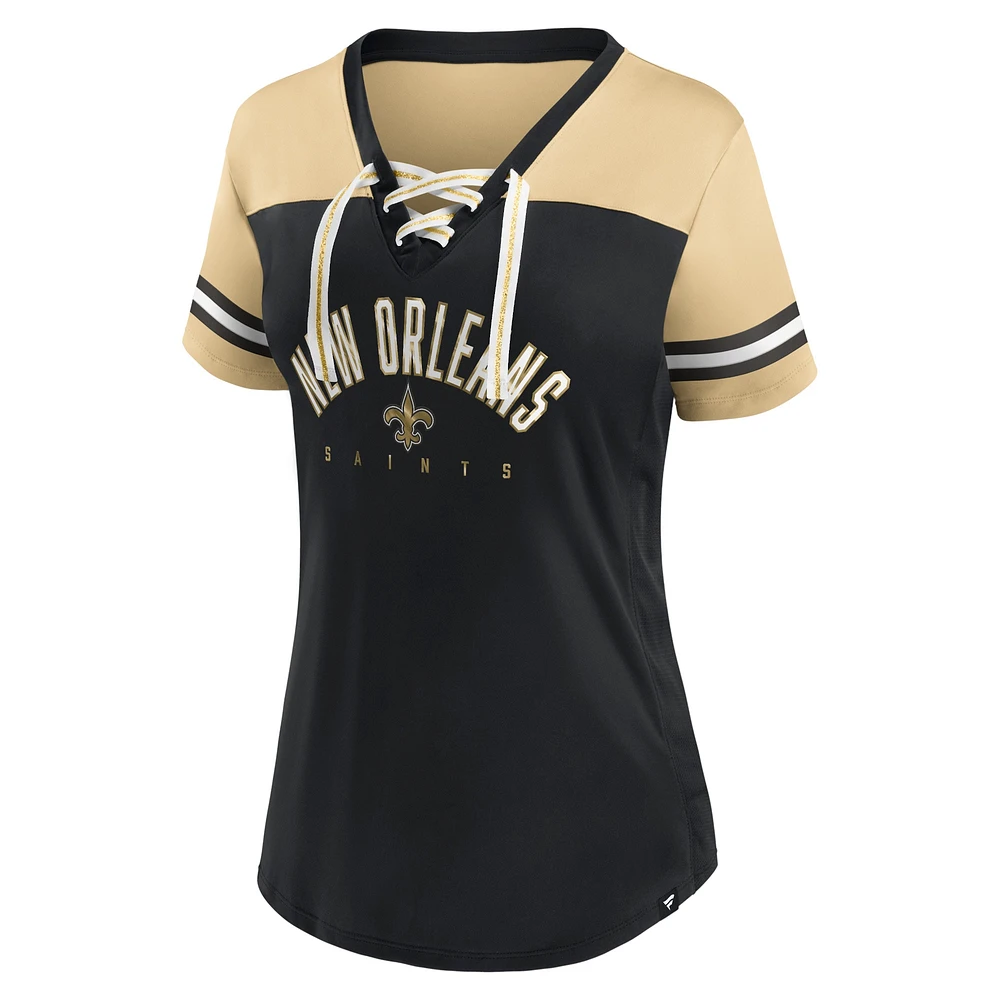 T-shirt en jersey à lacets et col V Fanatics pour femmes, noir/Vegas Gold, New Orleans Saints Blitz & Glam